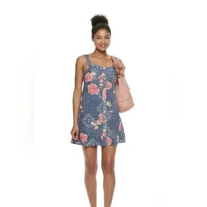 blue flowered dress, above the knee length, sz Medium, button up front